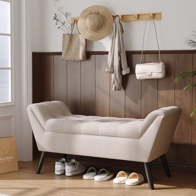 Livingandhome Modern Soft Linen Upholstered Bench with Wooden Legs in Beige