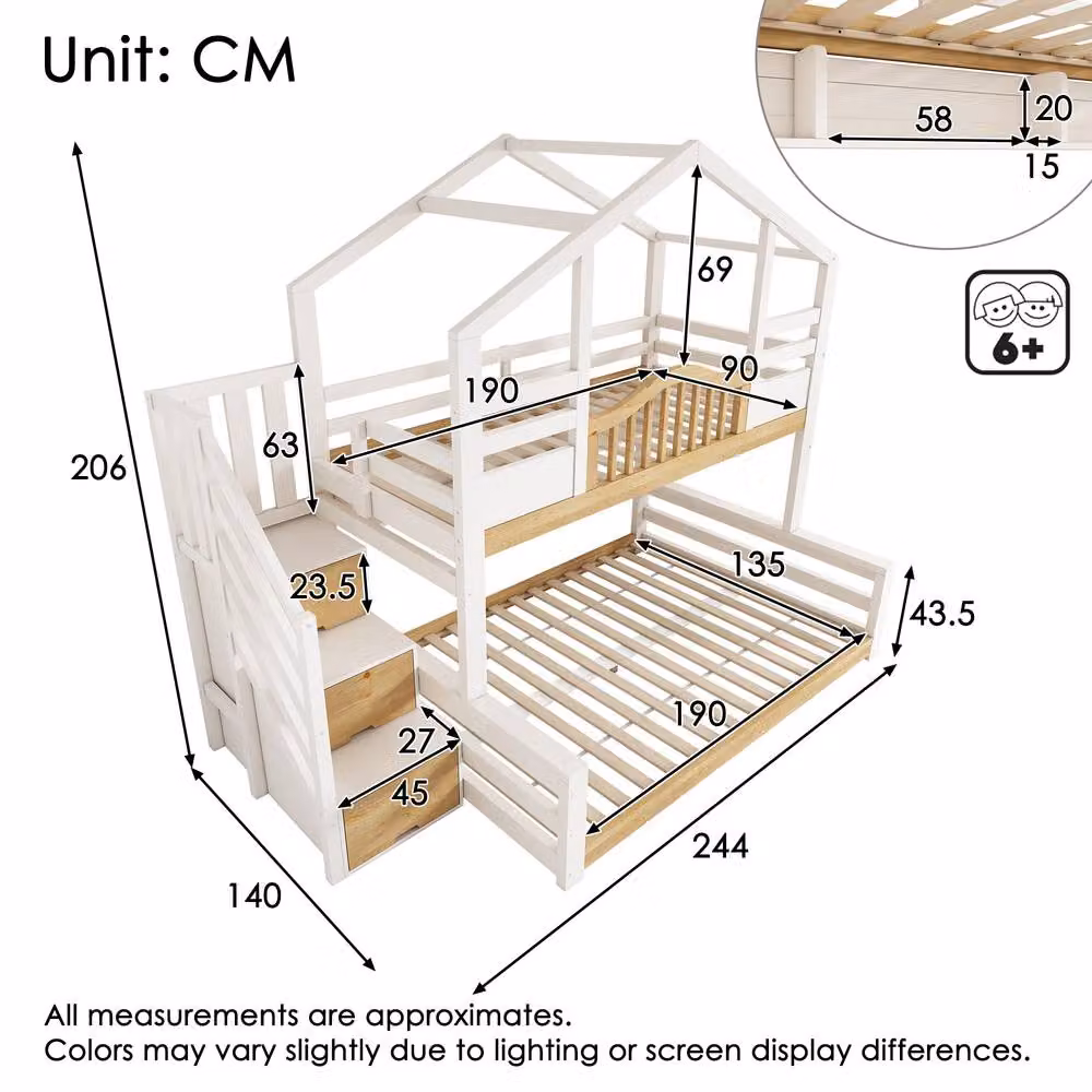 Merax White Childrens House Bunk Bed with Storage Stairs and Side Compartments, W/D/H: 140 x 140 x 206 cm – 2