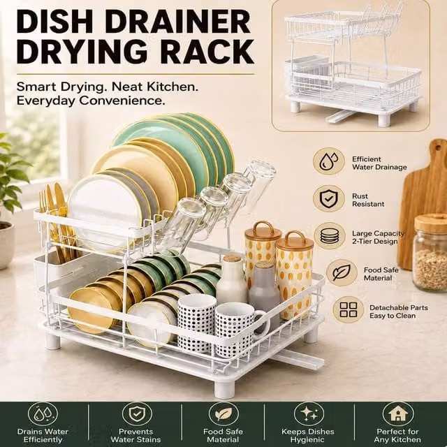 simplehuman 2 Tier Stainless Steel Kitchen Dish Drainer Rack in White with Cutlery Holder and Drip Tray – 1