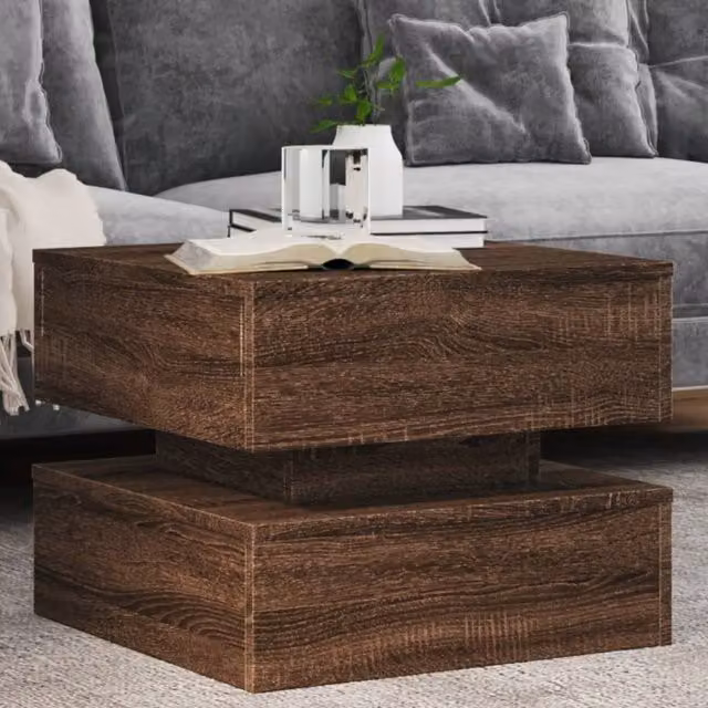 Berkfield Home Modern Square Coffee Table in Brown Oak with LED Lights, W/D/H: 50 x 50 x 40 cm – 1