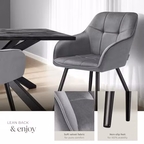 tectake Marilyn Set of 2 Modern Dining Chairs with Velvet-Look Fabric and Geometric Pattern in Grey/Black – 5