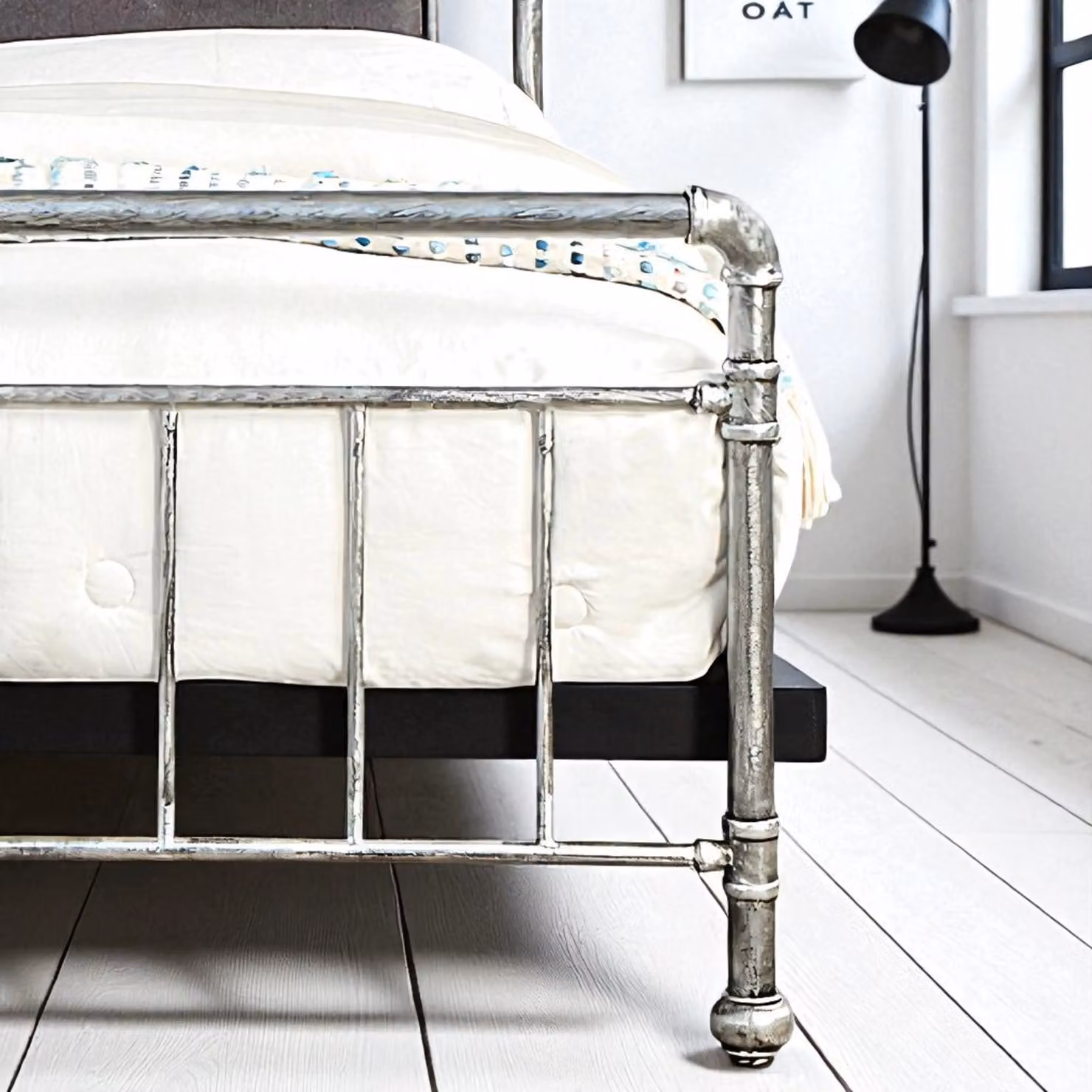 OAT Home Shoreditch Industrial Scaffold Metal Bed Frame with Grey Upholstered Headboard, Distressed Silver, W/D/H: 180 x 163 x 120 cm – 3