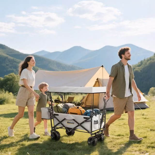 OUTSUNNY Outdoor Push Pull Wagon Stroller Cart with Canopy Top in Grey