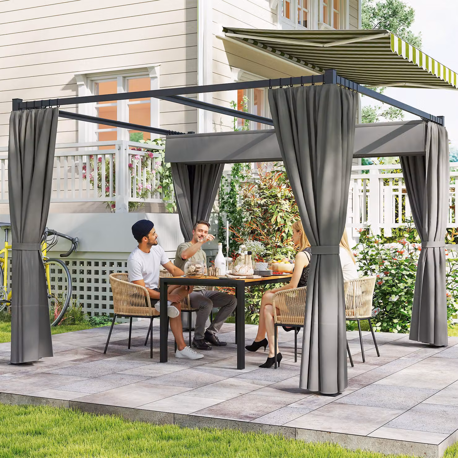 Outsunny Retractable Pergola Garden Gazebo Shelter with Curtains, Light Grey, W: 300 cm, D: 300 cm, H: 227 cm – 2