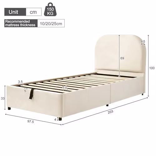 BTM Upholstered Single Bed in Pink Velvet with Hydraulic Storage and Headboard, W/D/H: 90 x 190 x 100 cm – 2