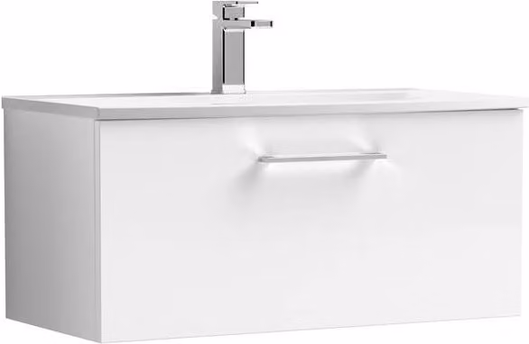 Balterley Modern Glossy White Wall-Hung Curved Basin Vanity Unit with 1 Drawer, Width: 80 cm