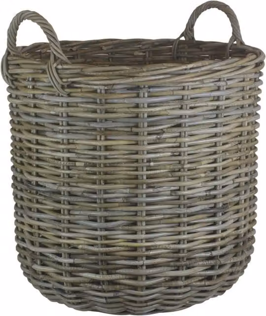 Tall Round Open Weave Rattan Log Basket in Grey and Brown, Height: 60 cm