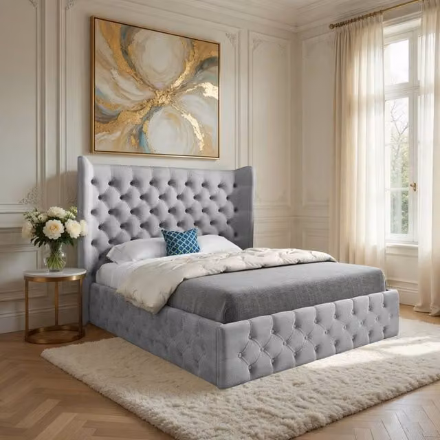 Casani Hutton Wide Winged Upholstered Grey Soft Velvet Designer Bed Frame W/D/H: 159 x 137 x 120 cm