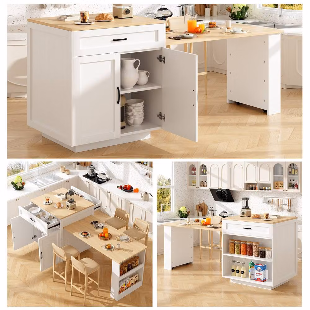 Merax White Extendable Kitchen Island Dining Table with Storage and Castors – 5