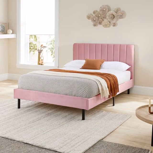 Aspire Pink Velvet Upholstered Modern Bed W/D/H: 200 x 200 cm