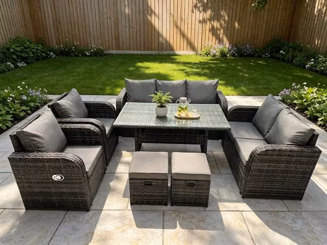 Fimous 9-Seater Rattan Garden Sofa Set with Reclining Chair and Glass Dining Table in Dark Grey