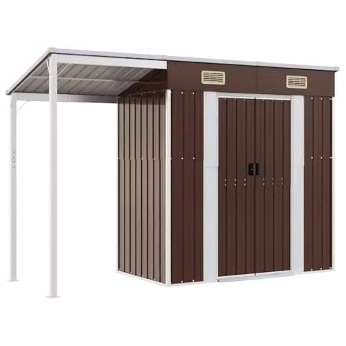 vidaXL Steel Garden Shed with Extended Pent Roof, Brown, W: 277 cm, D: 107 cm, H: 181 cm