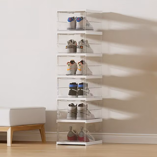 Livingandhome 6-Tier Foldable and Stackable Acrylic Shoe Rack in Transparent and White