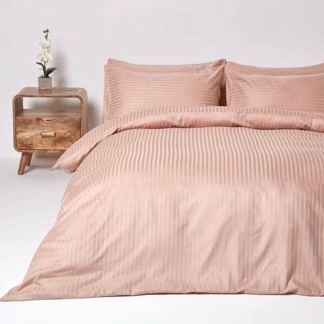 Homescapes Satin Stripe Combed Egyptian Cotton Duvet Cover and Pillowcase Set, Brown and Pink, 90 x 200 cm