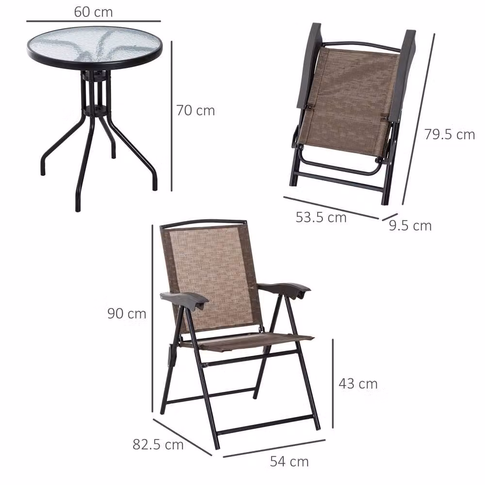 ERGOVEXA 3 Piece Brown Outdoor Bistro Set with Round Glass Top and Powder Coated Steel Frame – 2