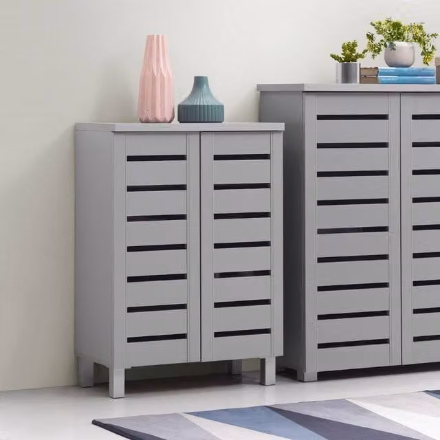 Timber Art Design 4 Tier Shoe Storage Cabinet with 2 Hinged Doors in Light Grey – 1