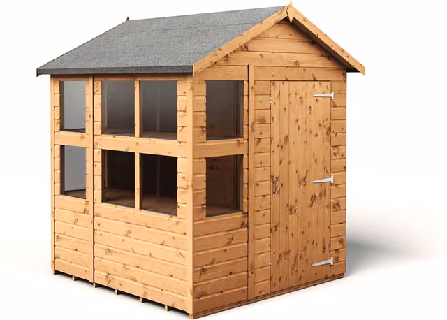 Empire 6x6 Apex Potting Shed with Single Door and Windows in Brown