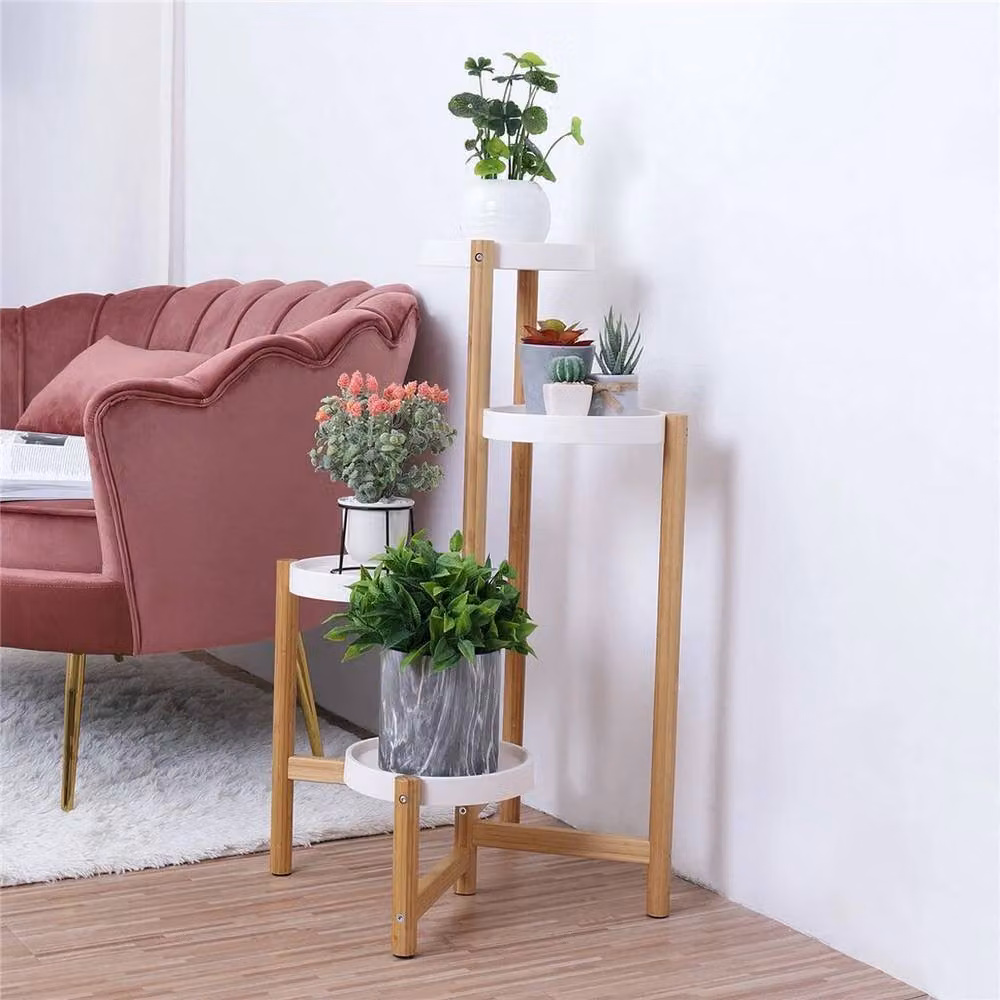 KORVIXA 4 Tier Round Bamboo Indoor Corner Plant Stand in White, Height: 80 cm – 3
