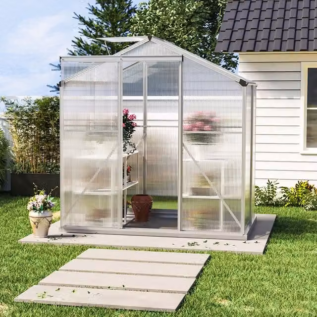 Livingandhome White Aluminium Framed Garden Greenhouse with Polycarbonate Panels, W: 130.8 cm, H: 190 cm