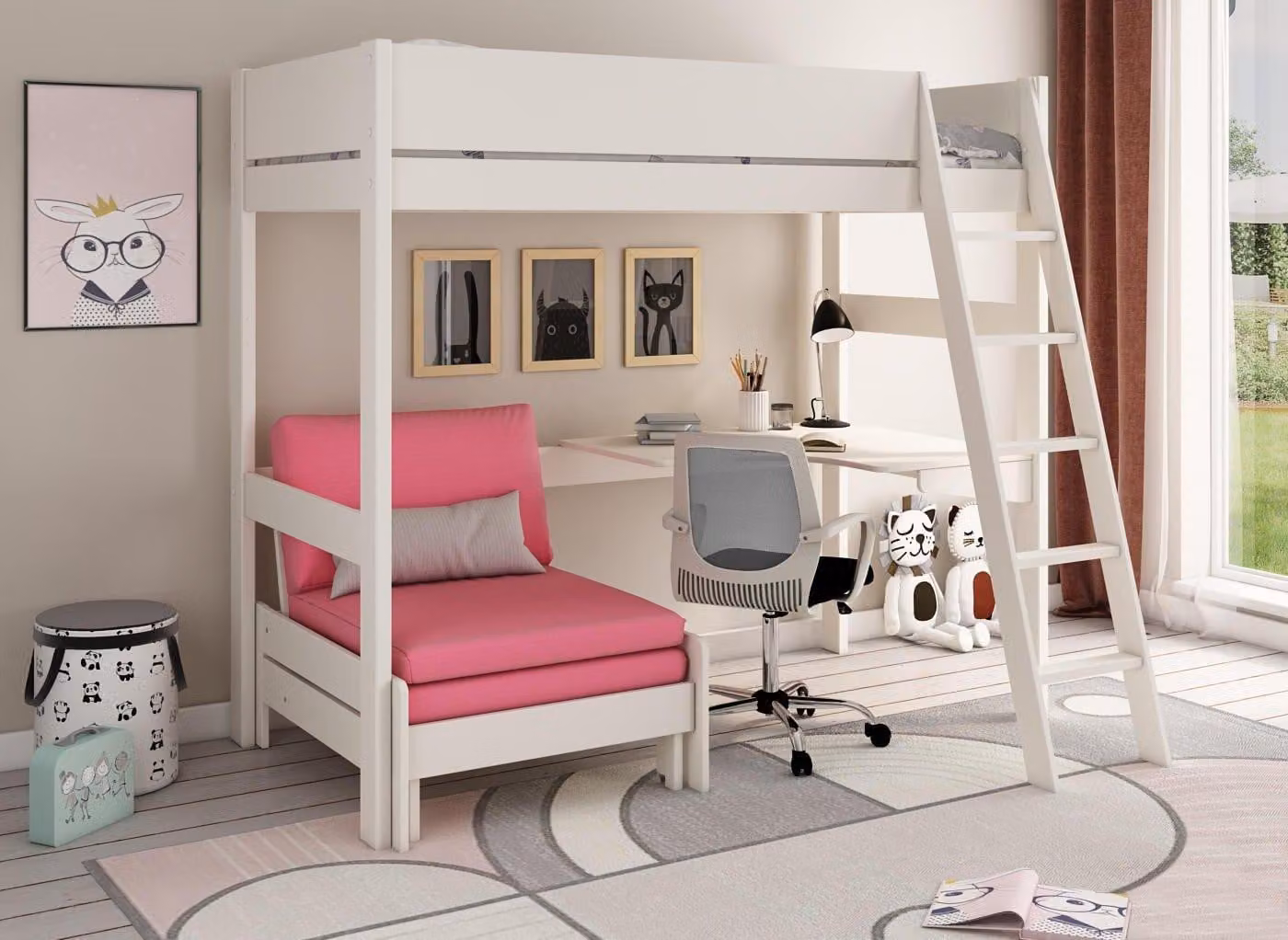 Dreams Anderson Desk High Sleeper with Pink Fabric Chair in White, Pink and Grey