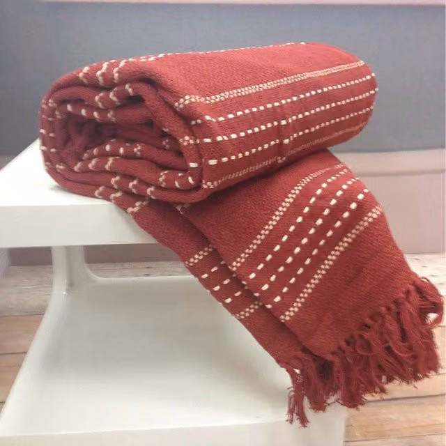 Rapport Home Red Stitch Stripe Woven Cotton Throw with Fringes W/D: 254 x 254 cm