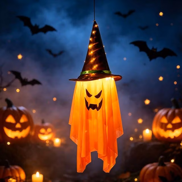 Lovii LED Light Up Hanging Ghost with Witch Hat for Halloween Parties, Orange – 1