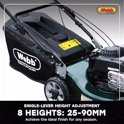 Webb 53cm Self Propelled Petrol Lawnmower with Alloy Deck and 70L Collection Bag in Green – 10