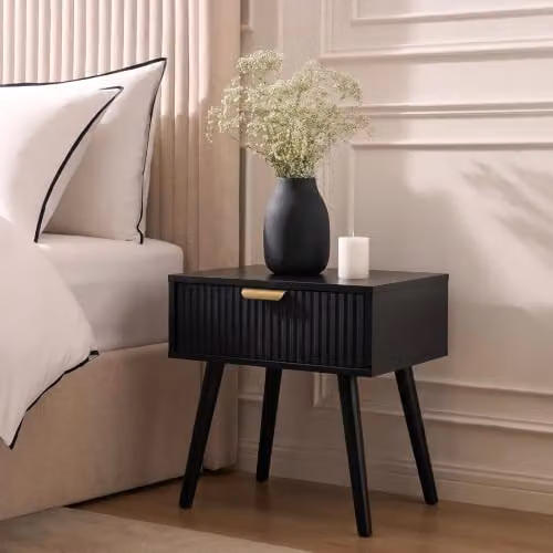 OHS Black Ribbed Wood Bedside Table with 1 Drawer, W/D/H: 40 x 30 x 45 cm – 2