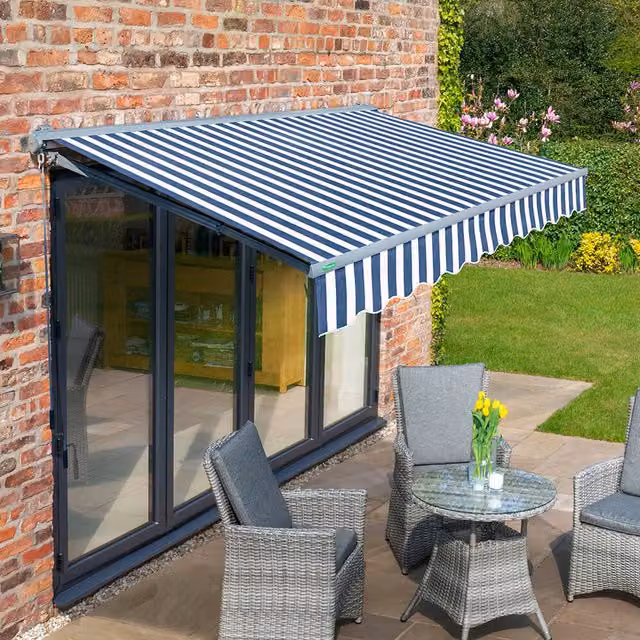 Primrose Semi Cassette Electric Retractable Awning with Motor, Blue and White Maritime Stripe, 350 cm