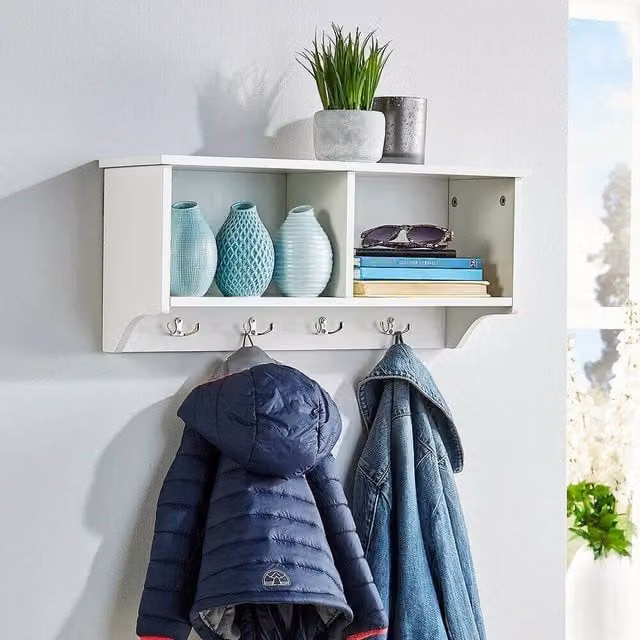 FORGEVIO Wall Mounted Coat Hook Unit with Shelves in White Matt Metal