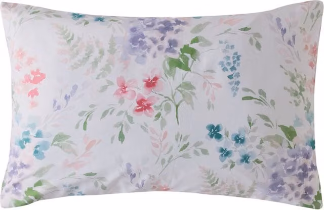 Laura Ashley Aulden Flowers Reversible Cotton Mako Satin Housewife Pillowcase in Purple and Multicolour Floral Design
