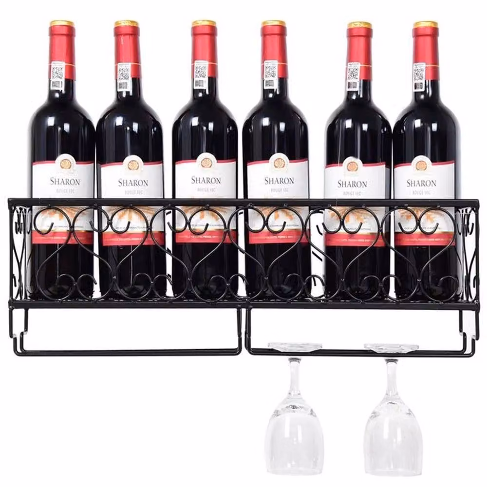 Hinsinc Wall-mounted Metal and Glass Wine Bottle Storage Rack in Black – 2