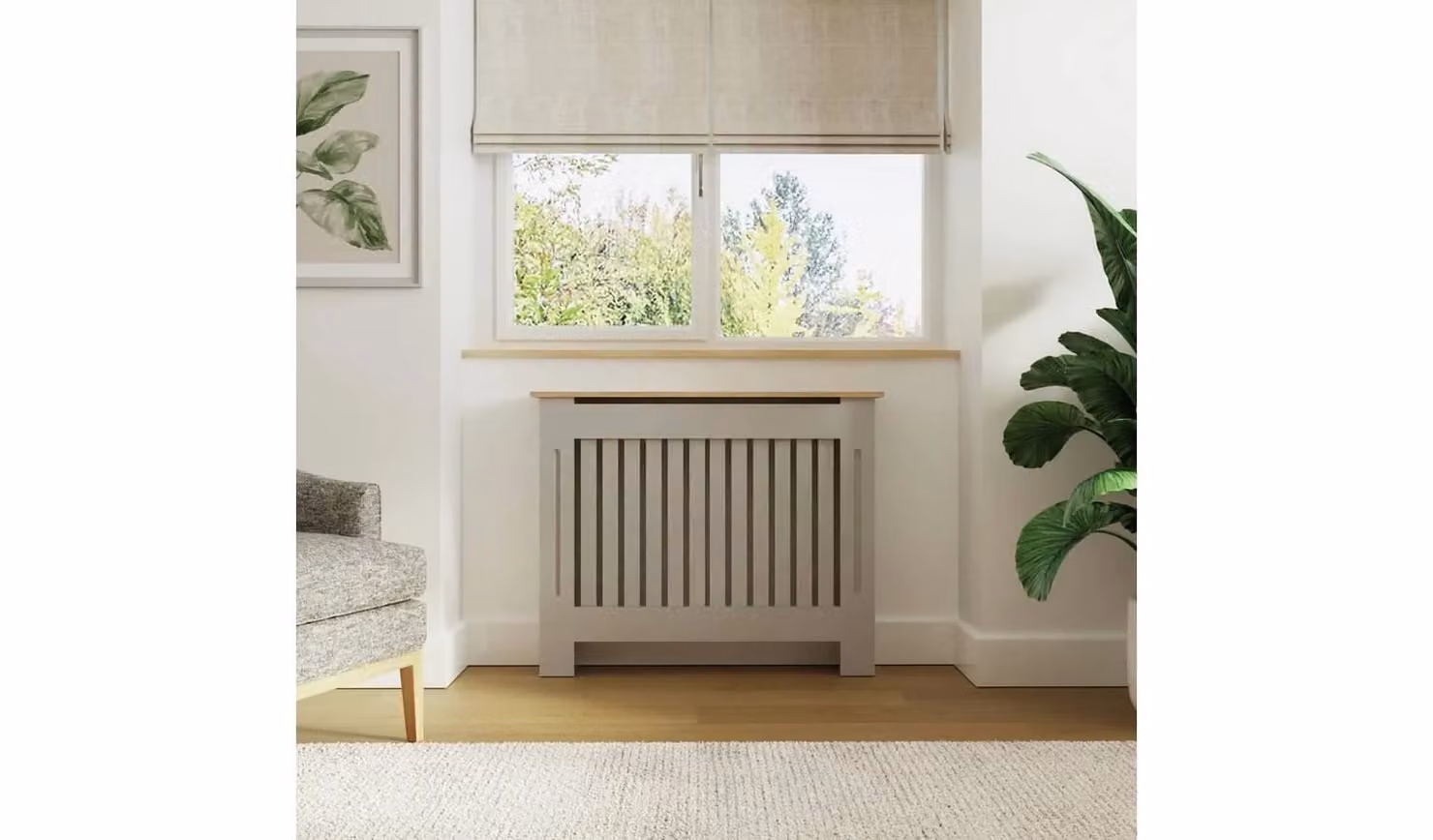 GFW Longslow Medium Radiator Cover with Ventilation Slats and Shelf in Grey Oak
