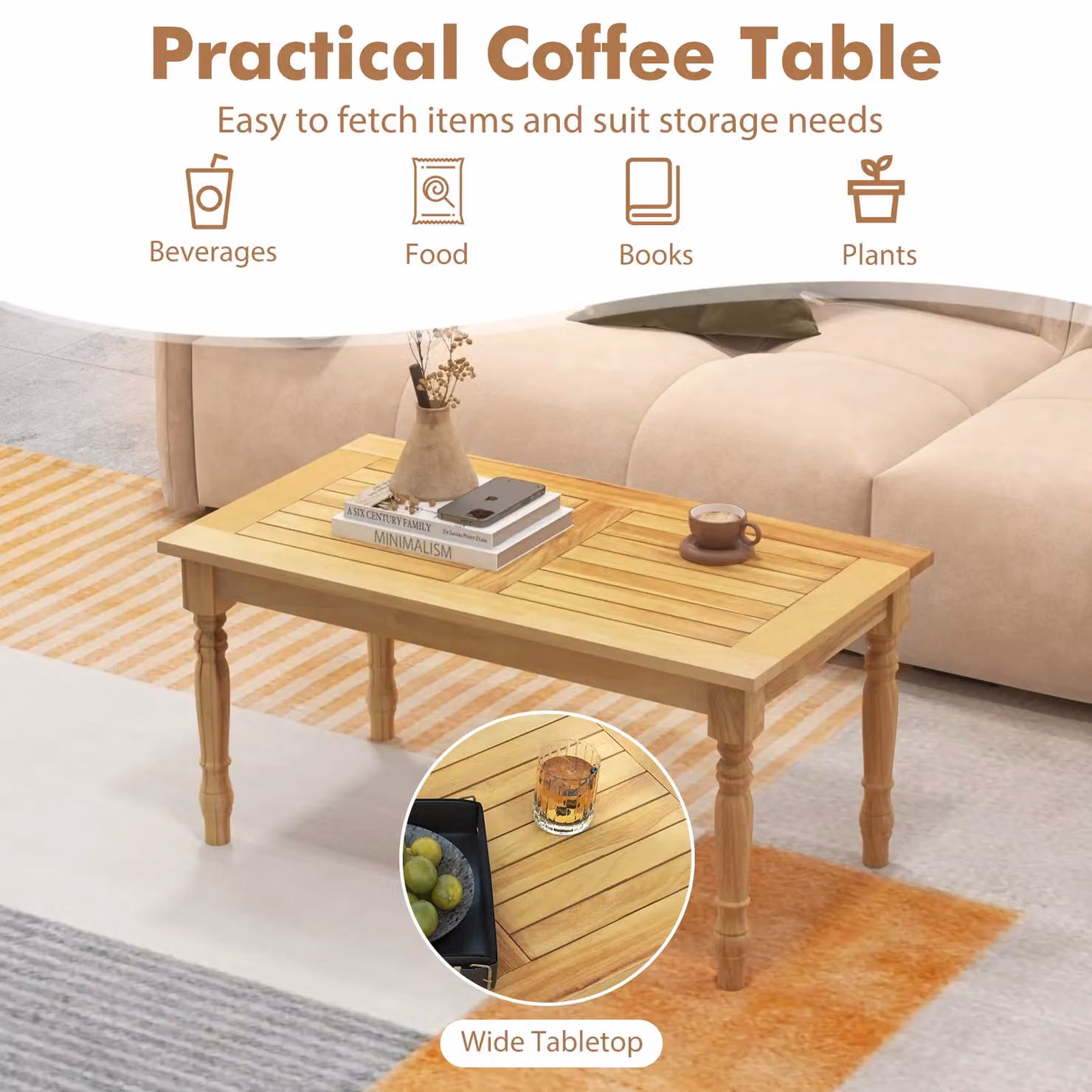 Gymax Rectangular Teak Wood Patio Coffee Table in Beige – 5