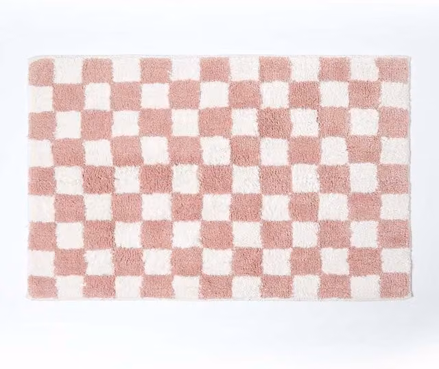Homescapes Pink and White Checked 100% Cotton Non-Slip Bath Mat, W: 50 cm, D: 80 cm