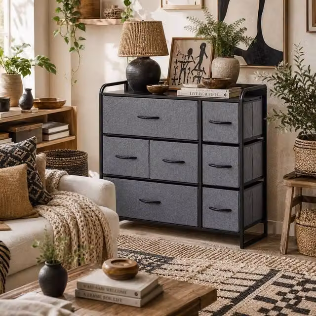 Wyld Haus Lizi Grey Fabric and Metal 7 Drawer Foldable Storage Chest W/D/H: 78.5 x 29 x 80 cm