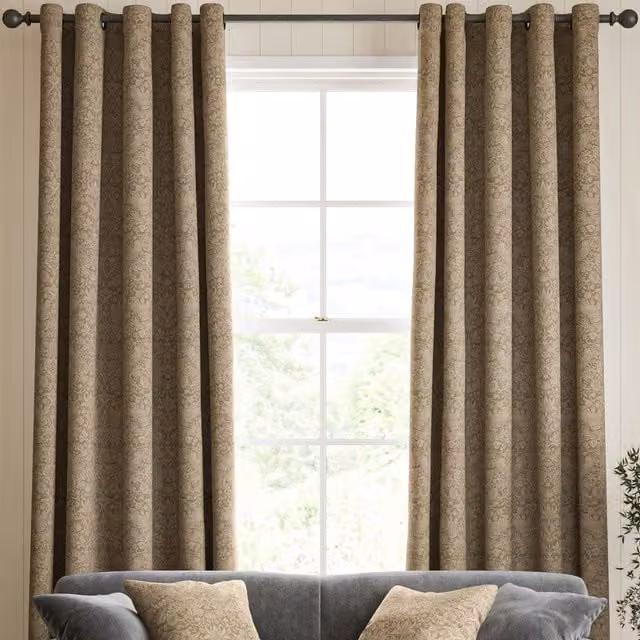 William Morris At Home Strawberry Thief Woven Made to Measure Blackout Eyelet Curtains in Brown and Sand