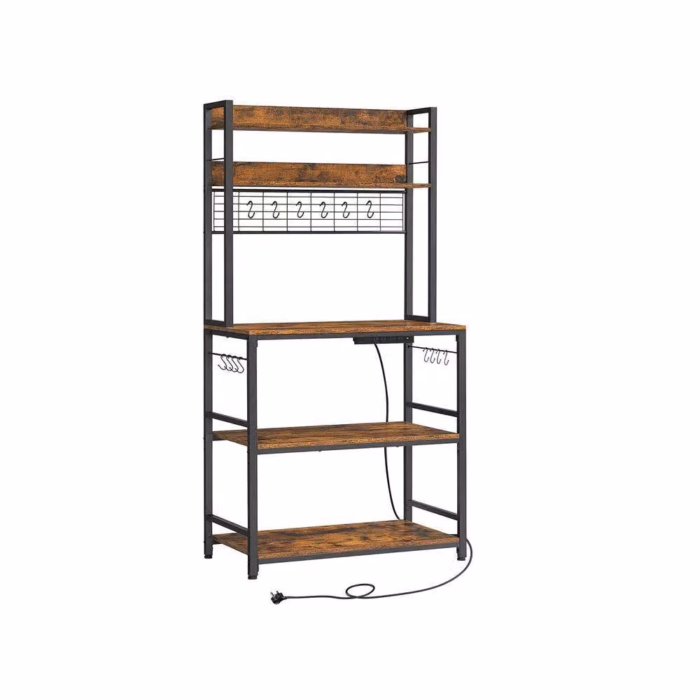 Pirlo Plush Industrial 5 Tier Smart Kitchen Bakers Rack with Power Outlets in Brown and Black – 4