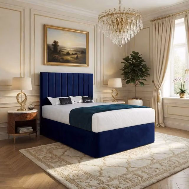 KDMD Quidenham Modern Upholstered Velvet Bed Frame with Drawers in Blue, W/D/H: 120 x 200 cm – 1