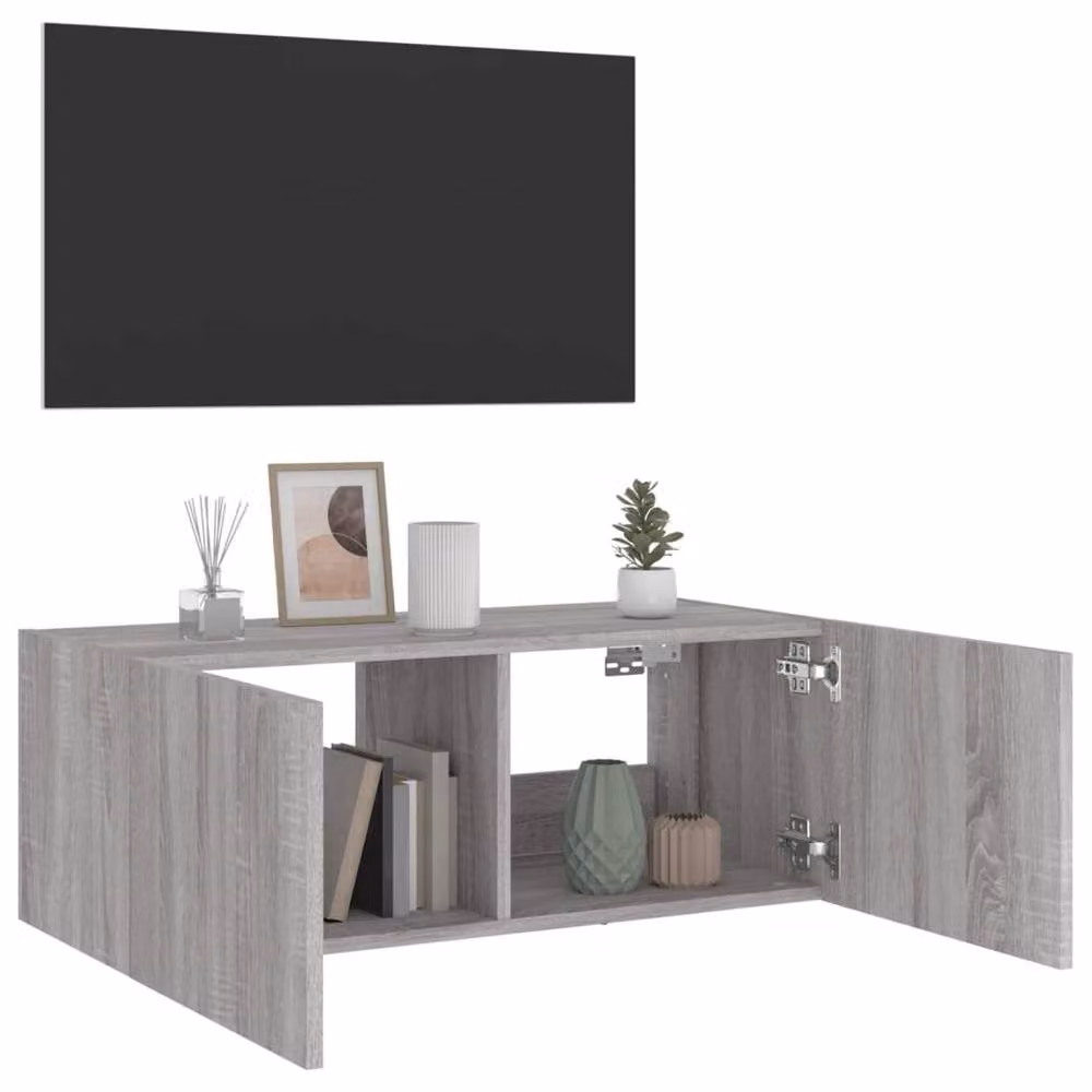 Berkfield Home TV Wall Cabinet with LED Lights in Grey Sonoma, W: 80 cm, D: 35 cm, H: 31 cm – 5