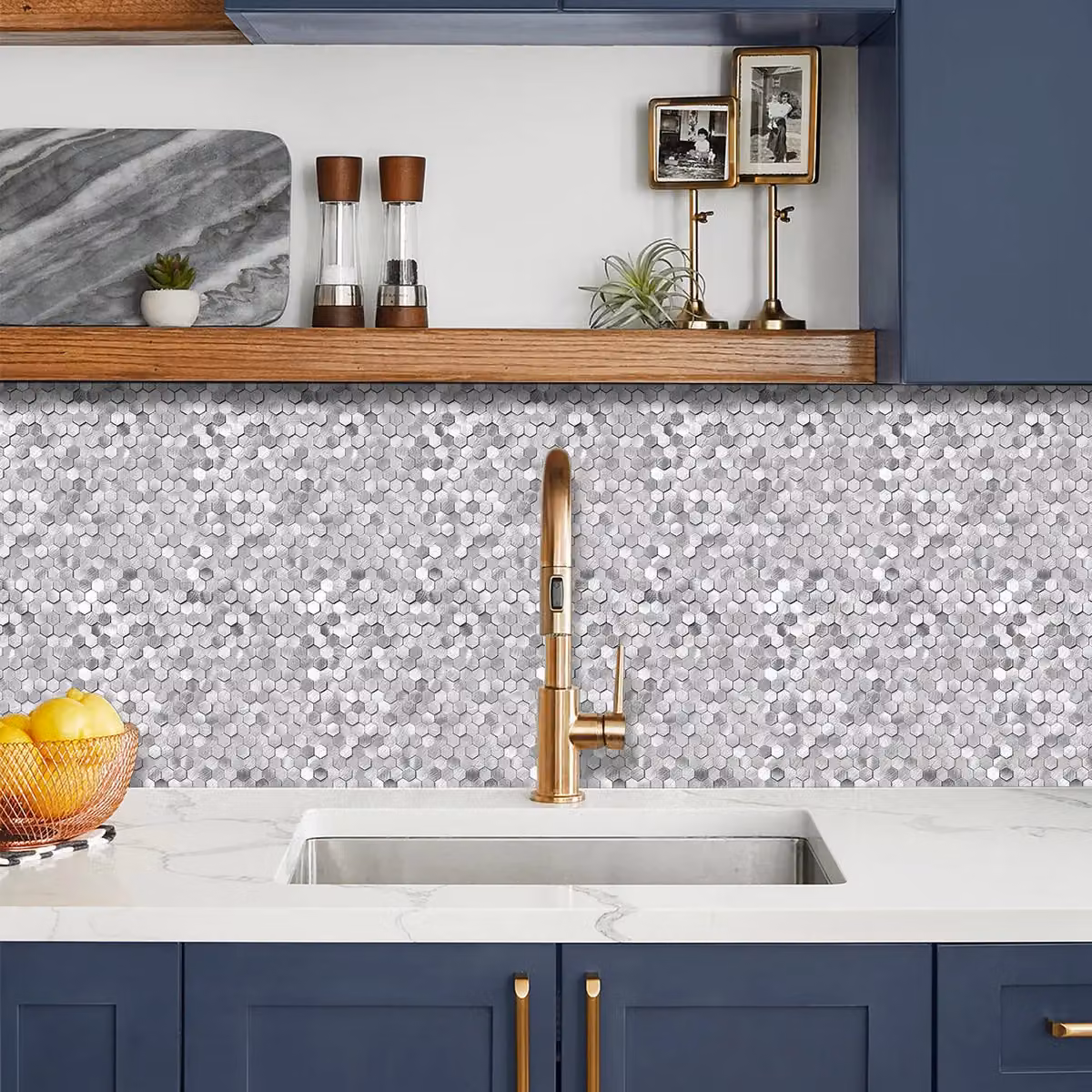 ENER-J HexaGloss Silver Aluminum Peel and Stick Mosaic Wall Tiles, Pack of 4 – 2