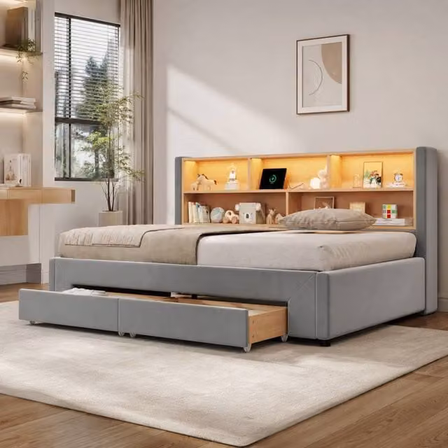 ModernLuxe Grey Velvet Upholstered Daybed with Pull Out Guest Bed, LED Storage Headboard and 2 Drawers, W/D/H: 90 x 190 x 82.5 cm