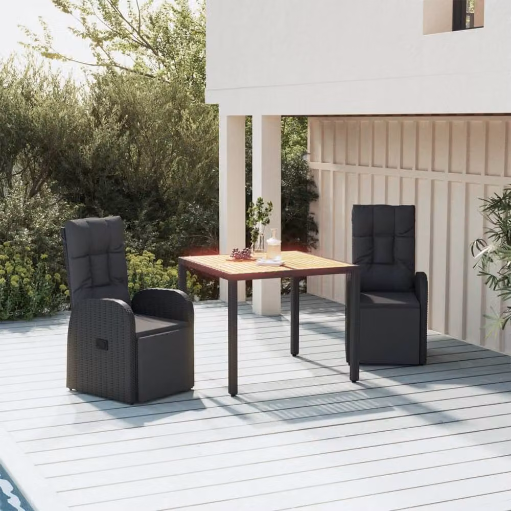 Berkfield Home Beautiful 3 Piece Black Poly Rattan and Oiled Acacia Wood Garden Dining Set – 1