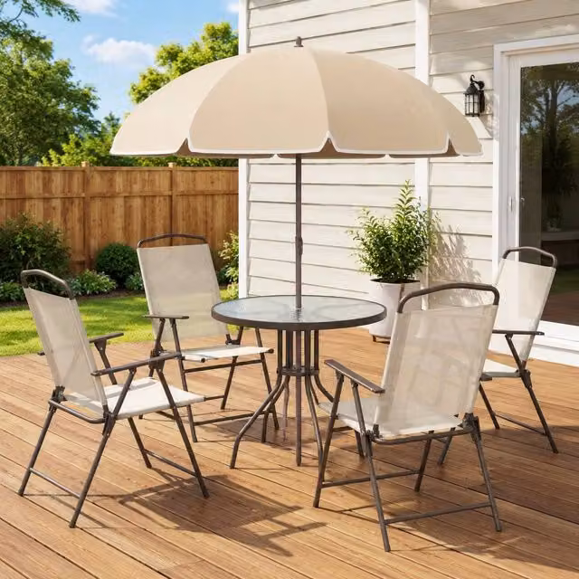 STILVORA Garden Bistro Set with Round Glass Table and 6 Foldable Chairs in Beige – 1