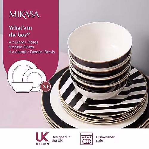 Mikasa 12-Piece Geometric Bone China Dinner Service in White, Gold and Black – 2