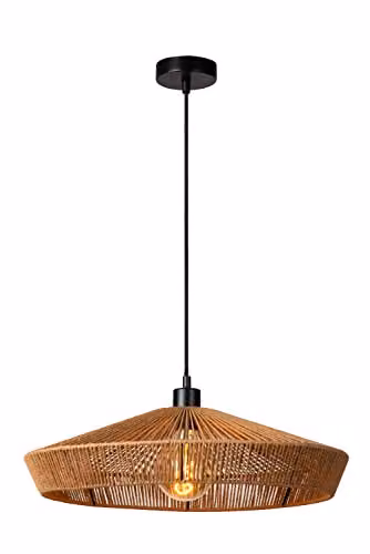 Lucide Yunkai Dimmable Adjustable Height Pendant Light in Brown Rattan and Paper, Diameter: 50 cm – 1