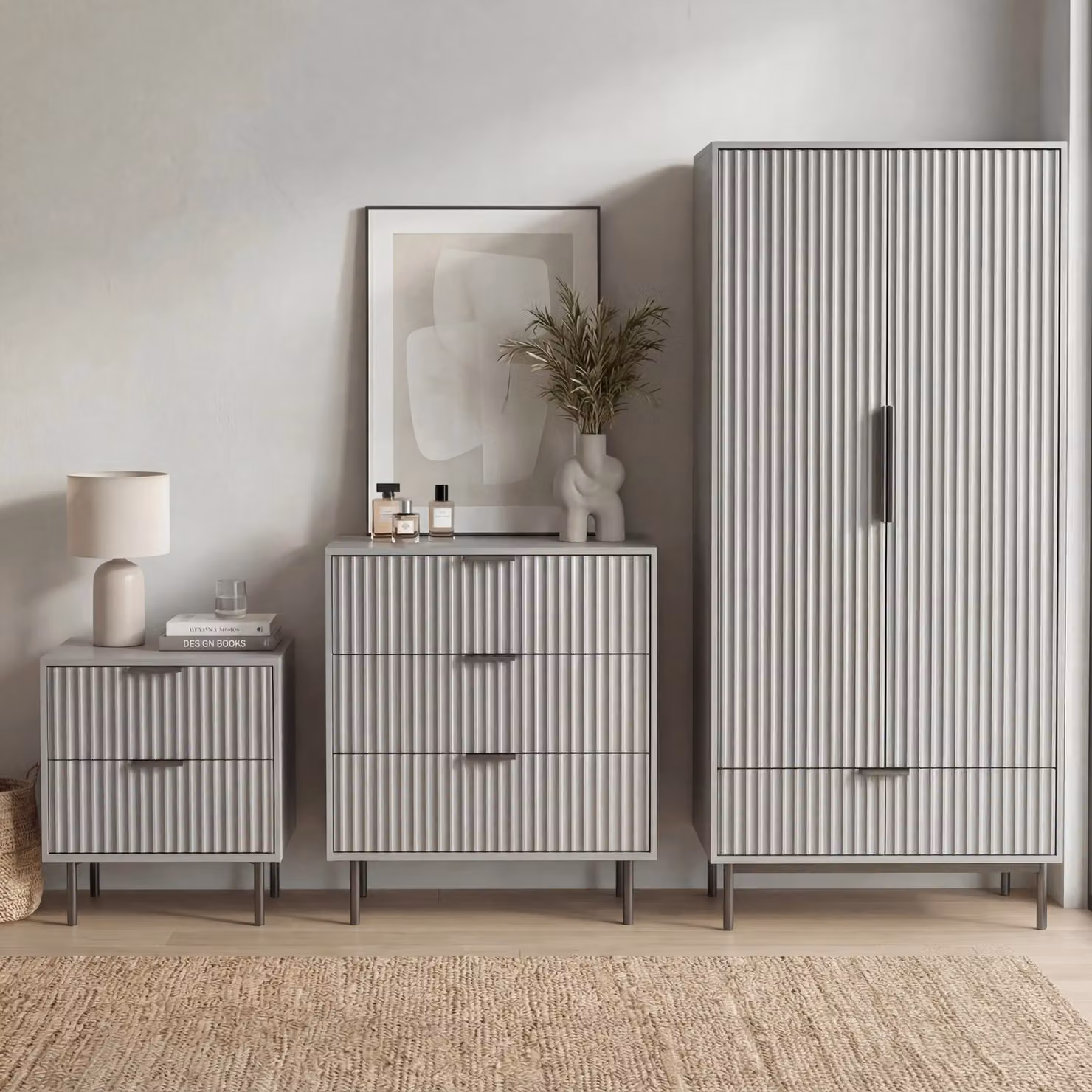 DHS Flutrina 3 Piece Grey Painted Bedroom Furniture Set