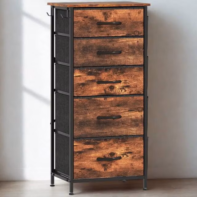 FURNOS Industrial 5 Fabric Drawer Chest Storage Unit in Rustic Brown, W/D/H: 94.5 x 30 x 45 cm – 1