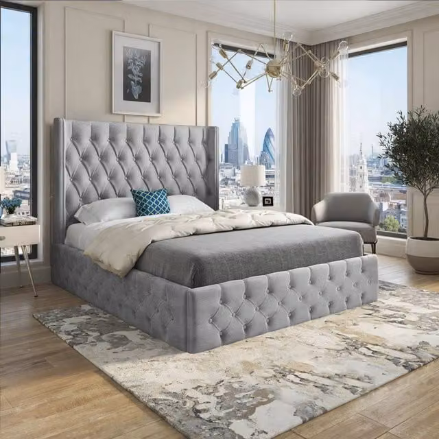 Casani Tackley Chesterfield Upholstered Velvet Bed Frame in Grey, W/D/H: 140 x 200 x 137 cm – 1