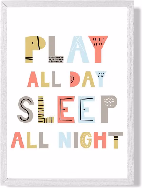 ARTZE Cute Play All Day Scandi Quote Framed Print, Pale Blue and White